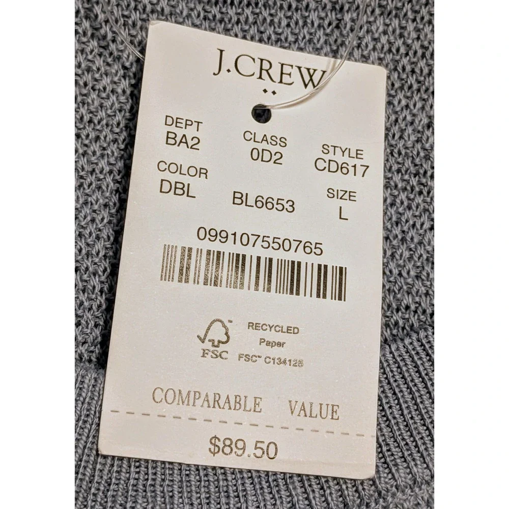 J. Crew Mens Cotton Crew Neck Long Sleeve Waffle Knit Sweater Blue Large NWT $90